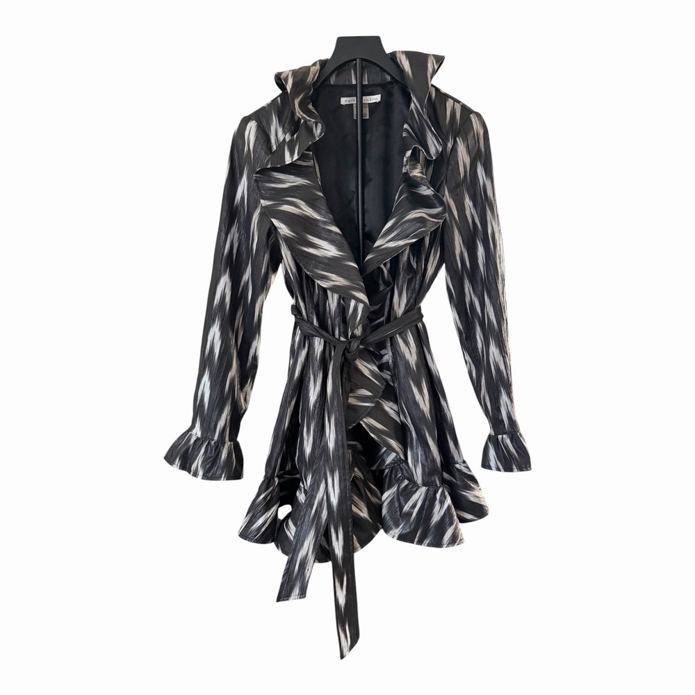 Peter Nygard Petite 8 Ruffle Waterfall Jacket Tie Waist Abstract Duster Black